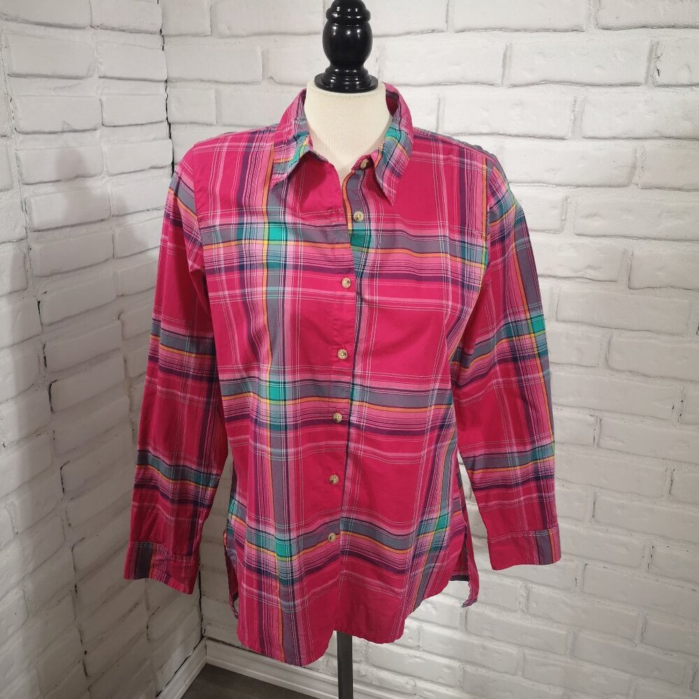 Life Is Good Ladies Size Medium Pink w/ Green Plaid Button Front & Cuffs Shirt